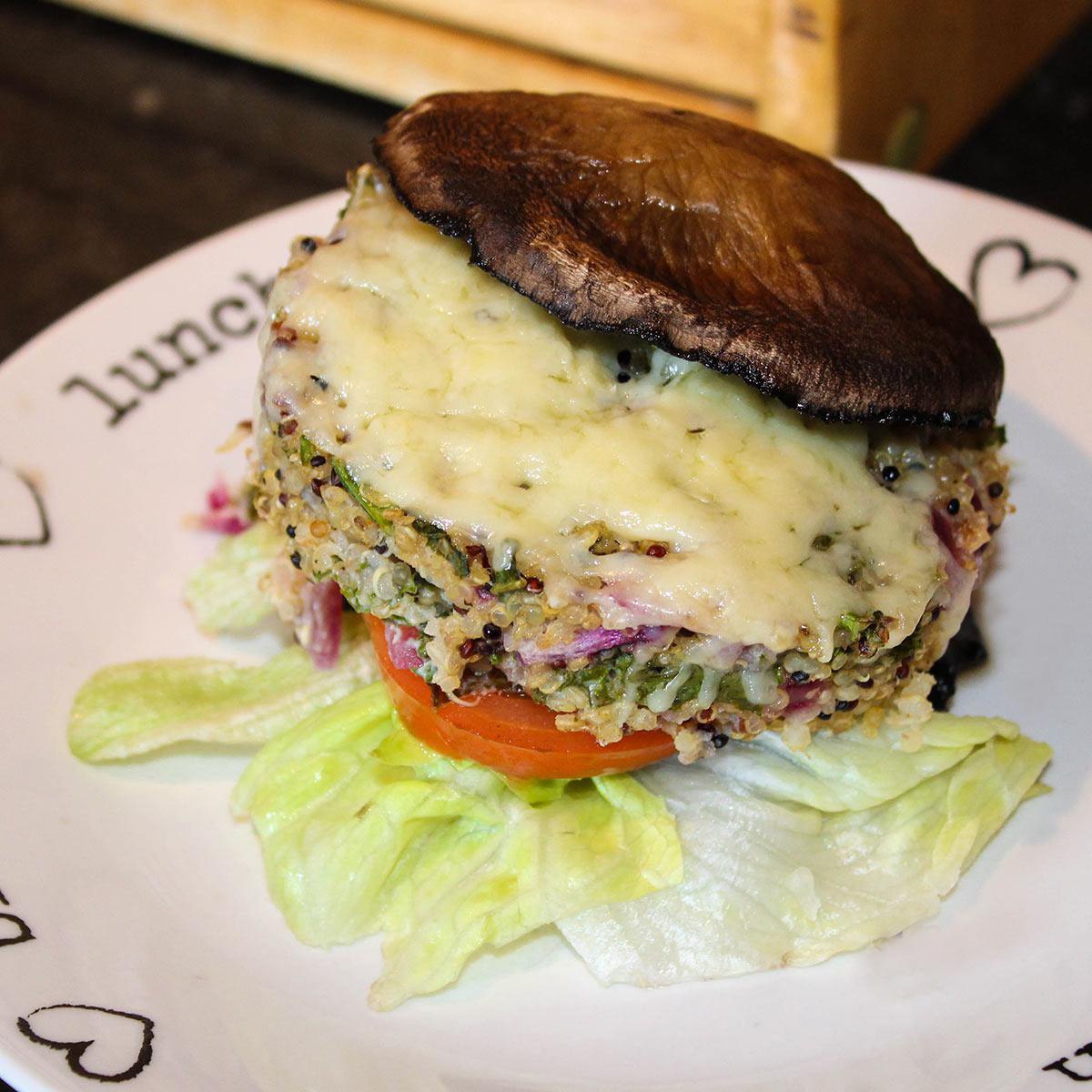 Gluten Free Quinoa and Kale Burger in Mushroom 'Bun'